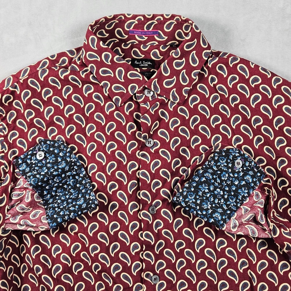Paul Smith Dress Shirt Mens 15/38 Red Paisley Print Flip Cuff Slim Fit Button Up